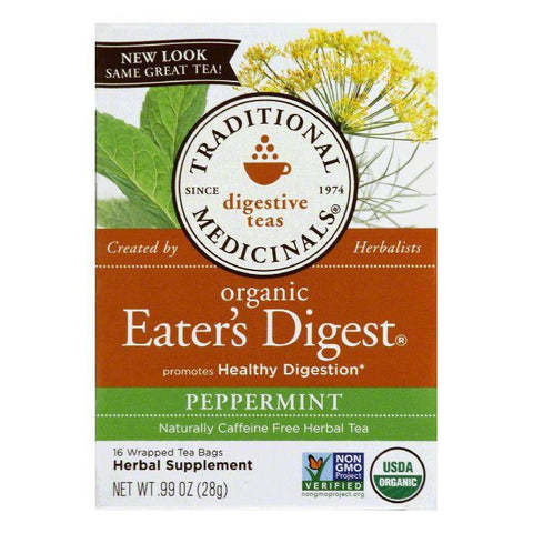 Traditional Medicinals Wrapped Bags Peppermint Naturally Caffeine Free Eater's Digest Organic Herbal Tea, 16 ea (Pack of 6)