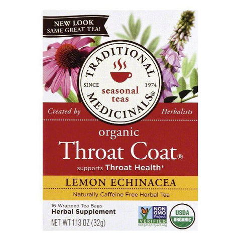 Traditional Medicinals Wrapped Tea Bags Lemon Echinacea Organic Throat Coat Herbal Tea, 16 ea (Pack of 6)