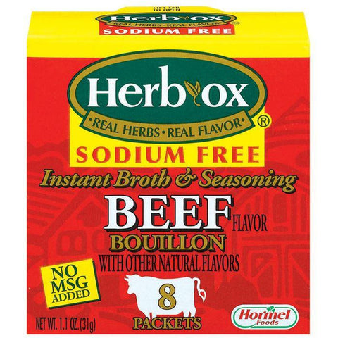 HERB-OX Beef Instant Broth & Seasoning Sodium Free 8 Ct Bouillon Packets 1.1 OZ (Pack of 12)