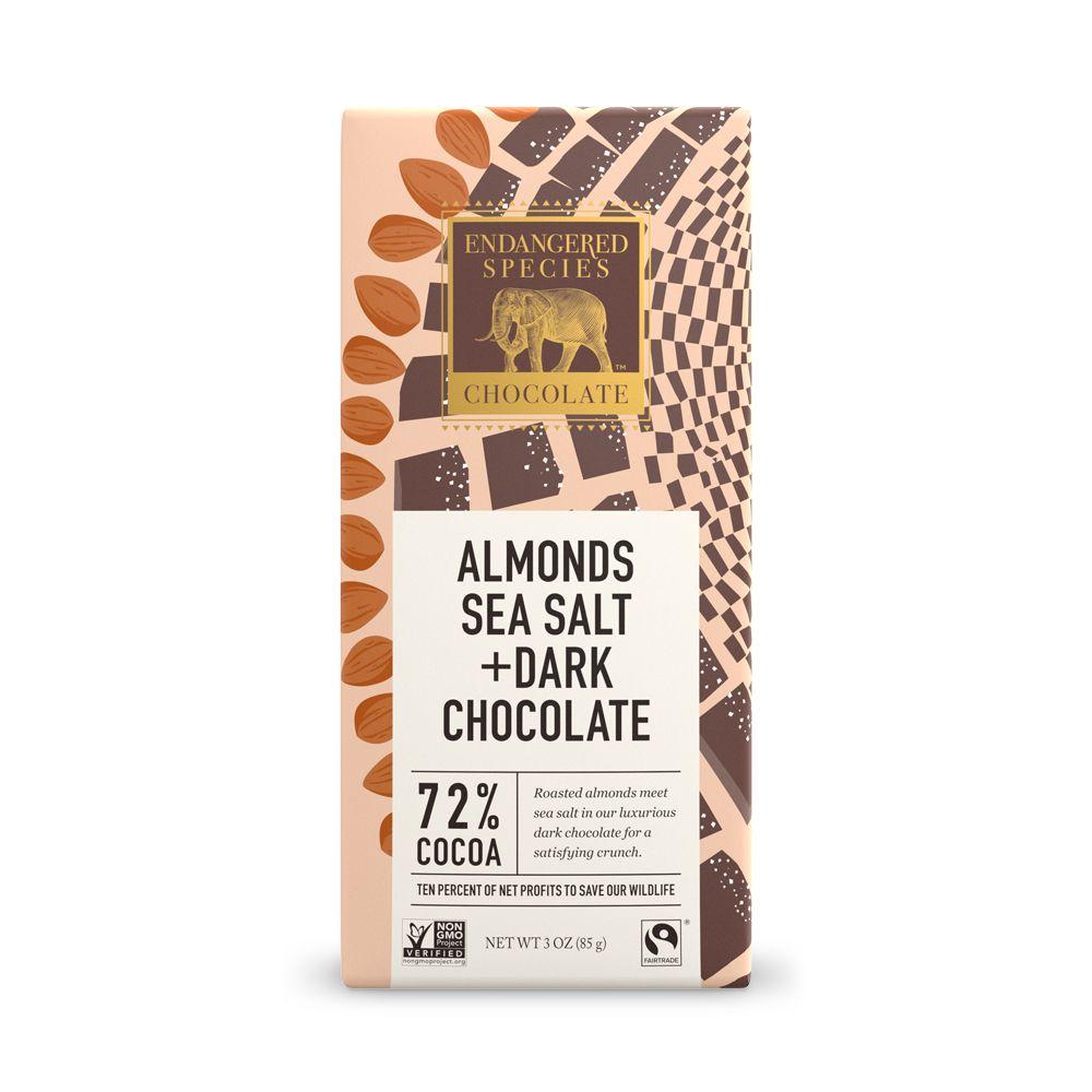 Endangered Species Chocolate, Almonds Sea Salt + Dark Chocolate, 72% Cocoa, 3 oz (Pack of 12)
