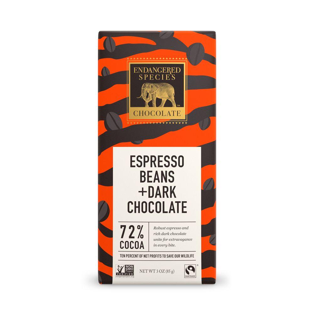 Endangered Species Chocolate, Espresso Beans +  Dark Chocolate, 72% Cocoa, 3 oz (Pack of 12)