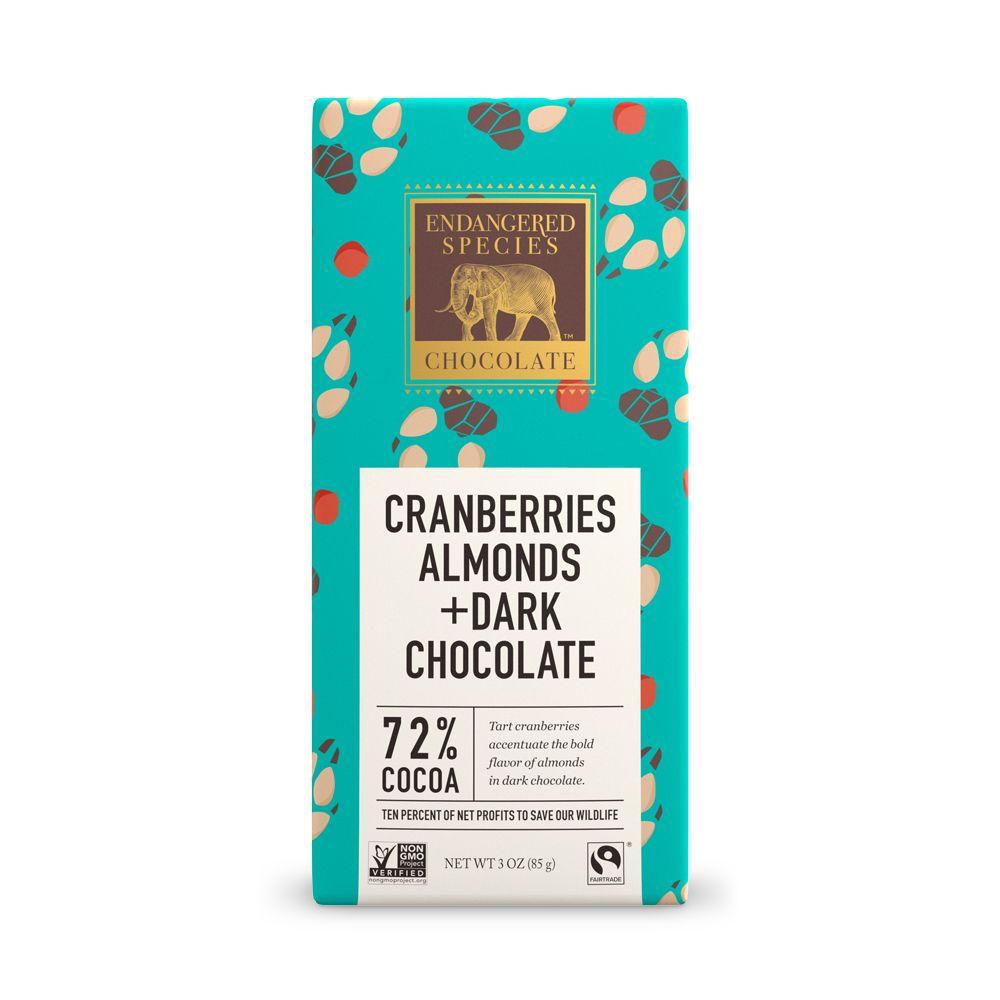 Endangered Species Chocolate, Cranberries Almonds + Dark Chocolate, 72% Cocoa, 3 oz (Pack of 12)