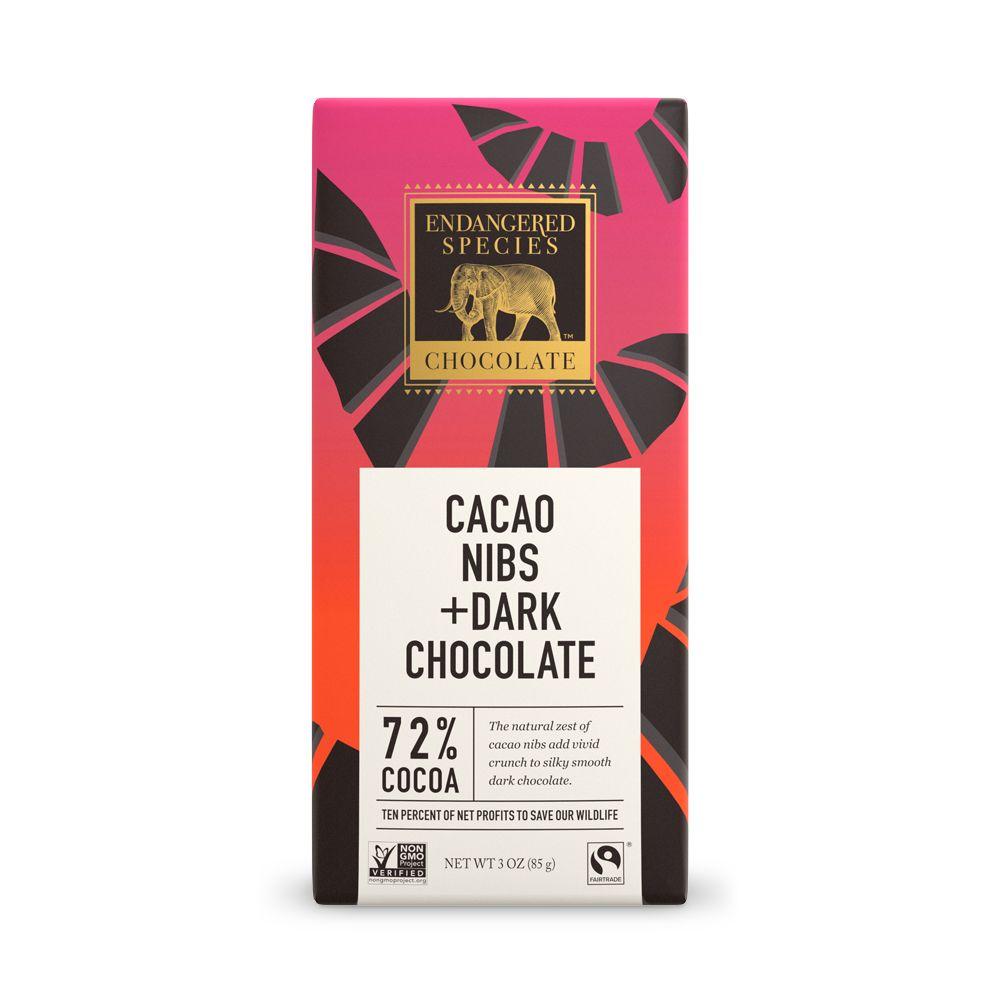 Endangered Species Chocolate, Cacao Nibs +  Dark Chocolate, 72% Cocoa, 3 oz (Pack of 12)