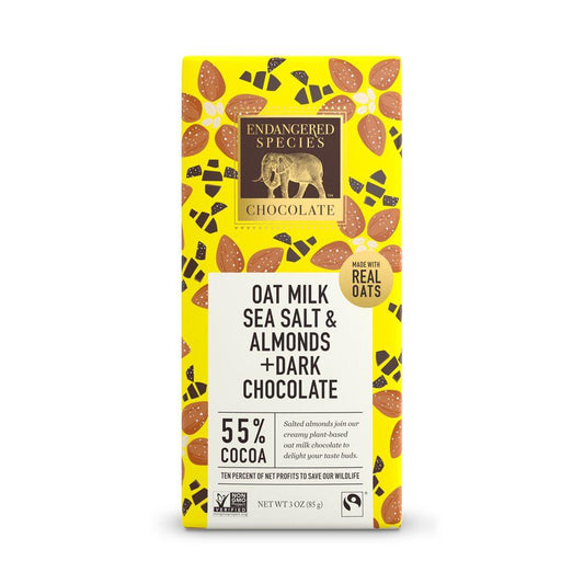 Endangered Species Chocolate, Oat Milk Sea Salt & Almonds +  Dark Chocolate, 55% Cocoa, 3 oz (Pack of 12)