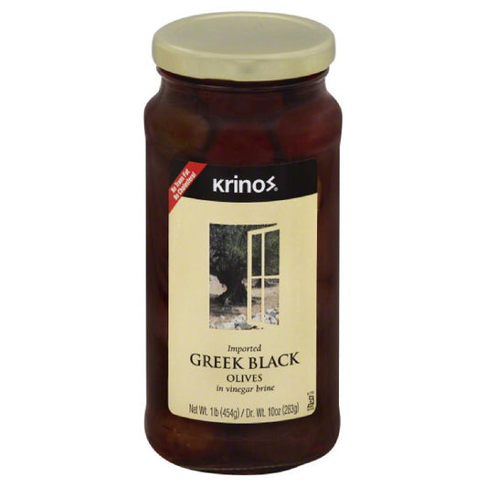 Krinos Black Greek Olives in Vinegar Brine, 16 Oz (Pack of 6)