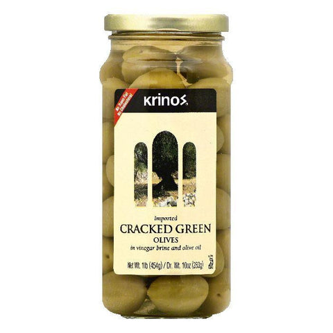Krinos in Vinegar Brine and Olive Oil Cracked Green Olives, 1 lb (Pack of 6)