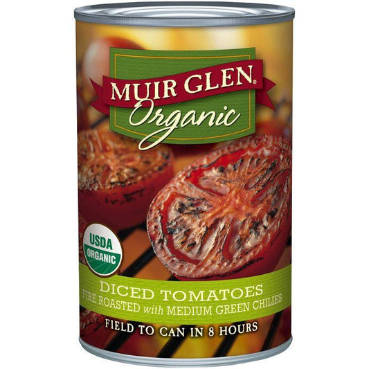 Muir Glen Organic Fire Roasted Diced Tomatoes with Medium Green Chilies 14.5 Oz (Pack of 12)