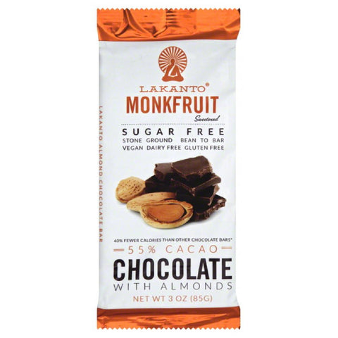 Lakanto 55% Cacao Sugar Free Monkfruit with Almonds Chocolate Bar, 3 Oz (Pack of 8)