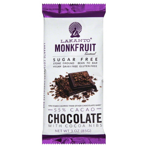 Lakanto 55% Cacao Sugar Free Monkfruit with Cocoa Nibs Chocolate Bar, 3 Oz (Pack of 8)