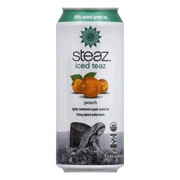 Steaz Gluten Free Peach Green Iced Tea Can, 16 FO (Pack of 12)