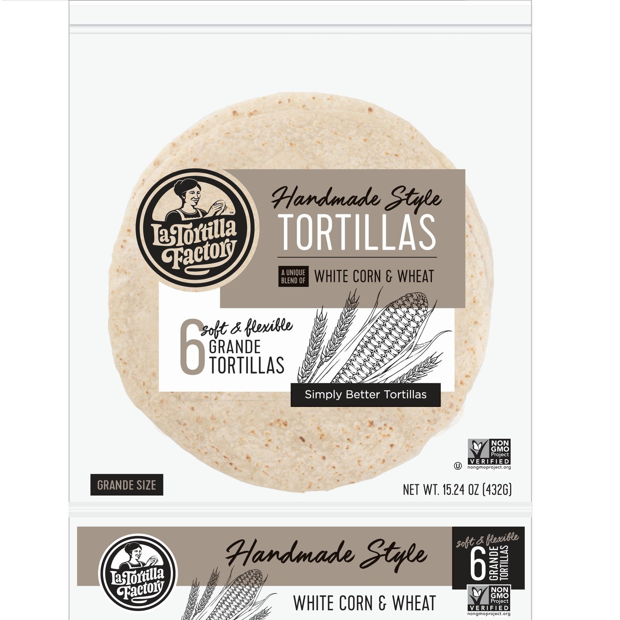 La Tortilla Factory Non-GMO Hand Made Style Tortillas, White Corn & Wheat, Grande, 6/pack  (Pack of 12)