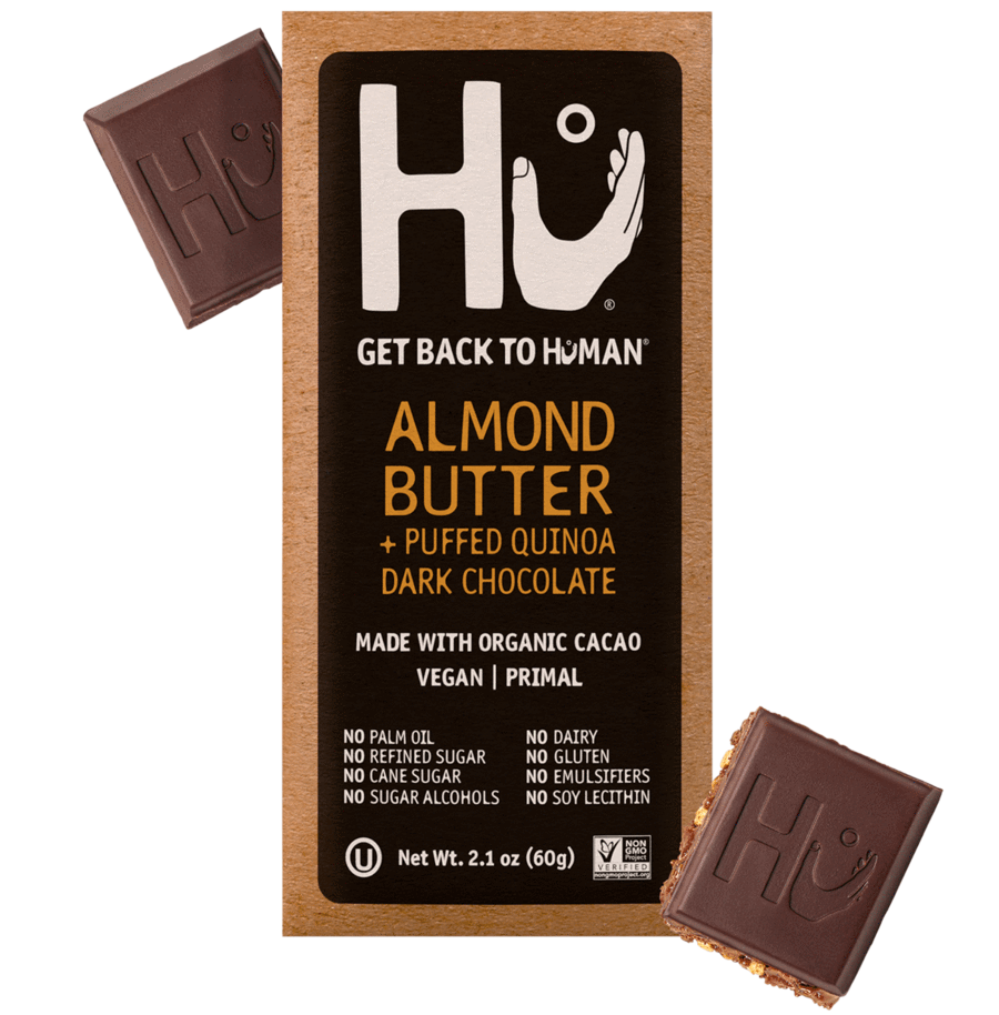 HU Products, Almond Butter + Puffed Quinoa Dark Chocolate 2.10 OZ, (Pack of 12)
